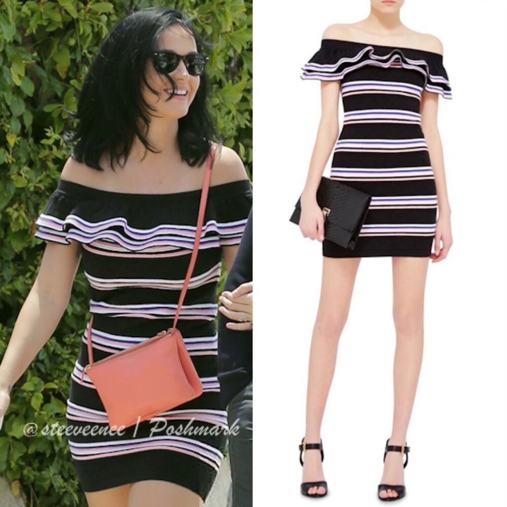 MSGM Off-The-Shoulder Stripe Knit Dress ASO Katy Perry